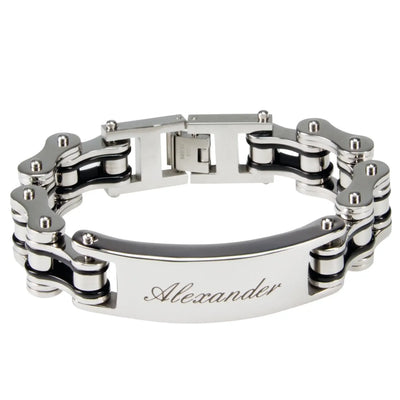 Herren armband biker-kette schwarz aus edelstahl mit silberner gravur alexander auf der zentralen platte