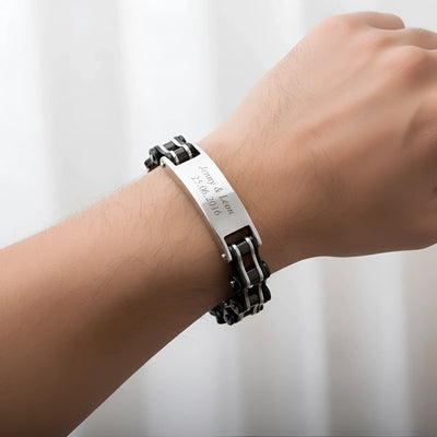 Silbernes herren armband biker kette schwarz mit schwarzen akzenten und personalisierter gravurplatte