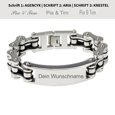 Silbernes herrenarmband biker-kette aus metall mit industrie-design und personalisierbarer gravurplatte