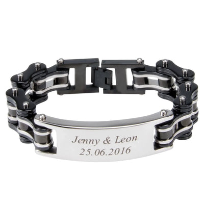 Herren armband biker-kette in schwarz und silber mit personalisierbarer gravurplatte aus metall