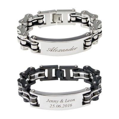 Silbernes und schwarzes herren armband biker kette mit graviertem namen als personalisierbares geschenk