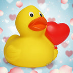 Gelbe quietsche-ente aus gummi hält roten herzballon für liebe jahrestag hochzeit valentinstag