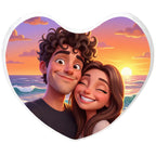 Herzkissen mit deinem ki-cartoon-effekt foto zeigt ein herzförmiges kissen mit buntem paar und sonnstrand design