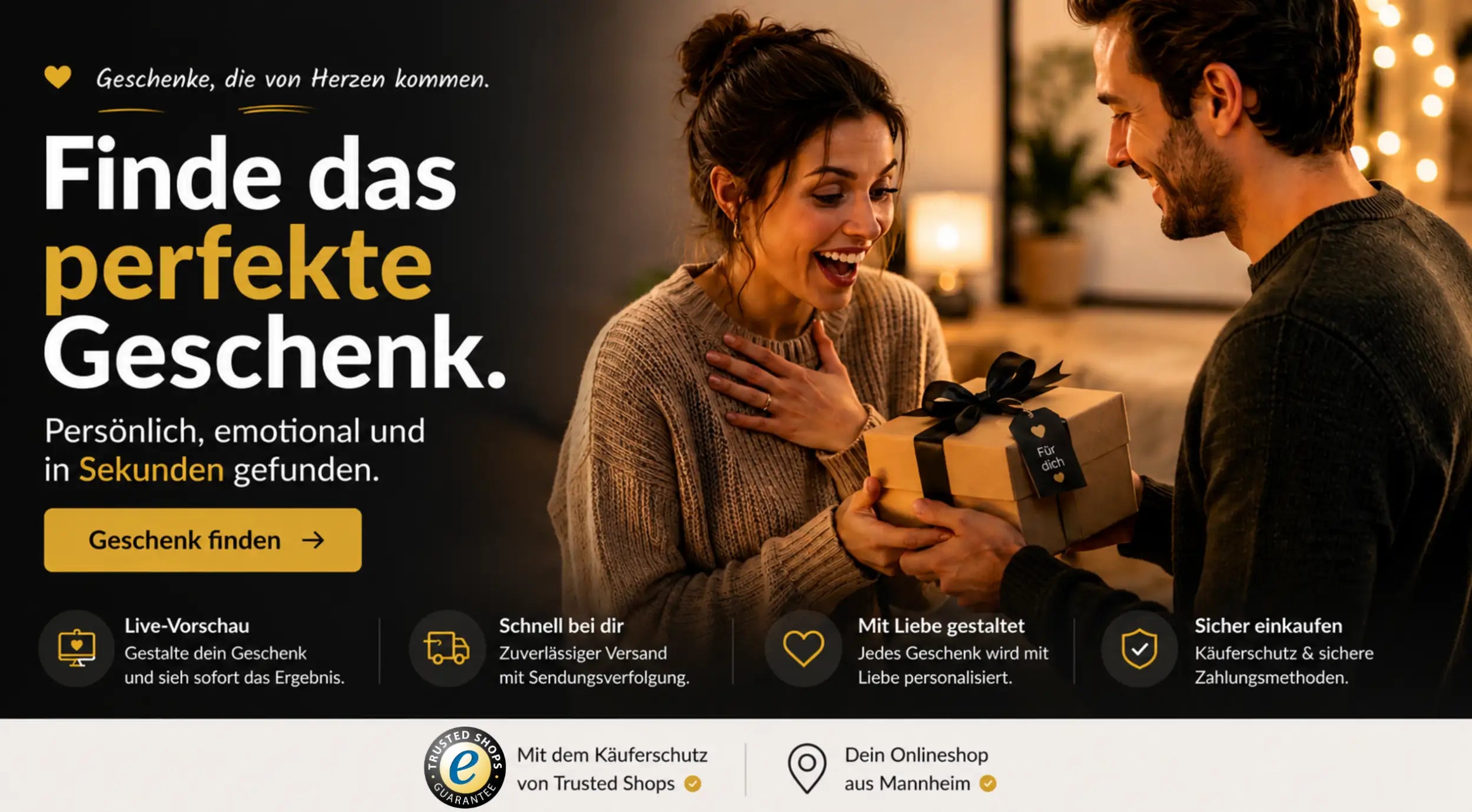 Eine braune Geschenkbox, mit einer schwarzen Schleife gebunden und mit einem kleinen Anhänger verziert.