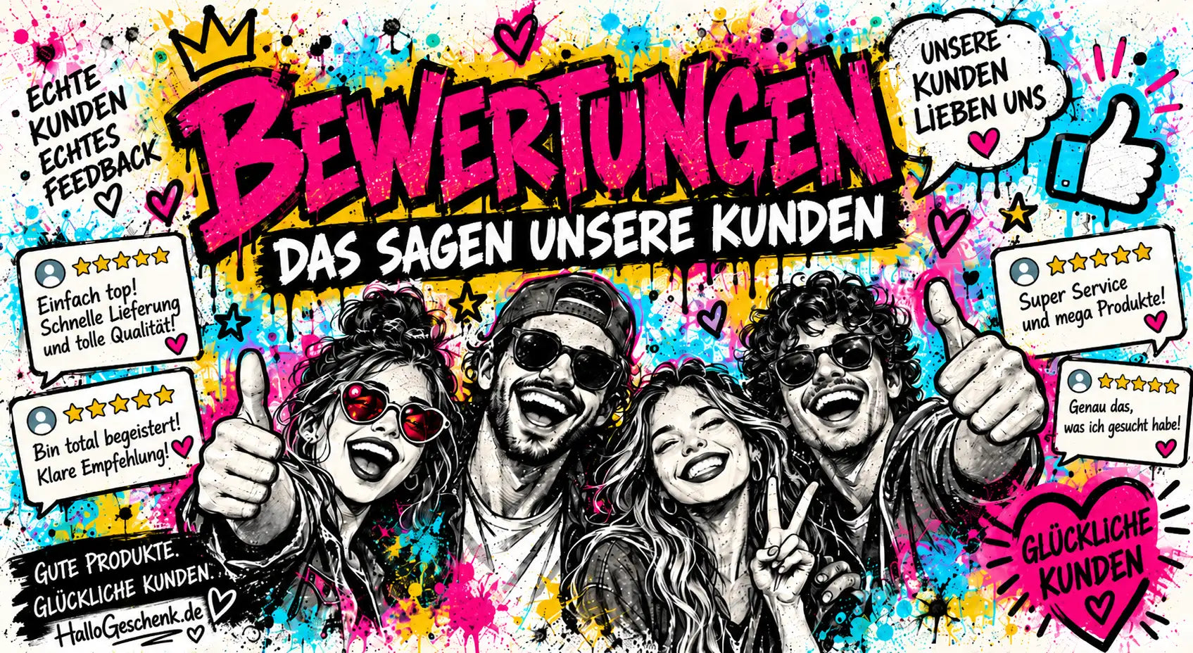 Lebhaftes Plakat im Stil von Graffiti mit kräftigem rosa-schwarzem Text und Cartoon-Illustrationen lächelnder Kunden, die Daumen nach oben zeigen.