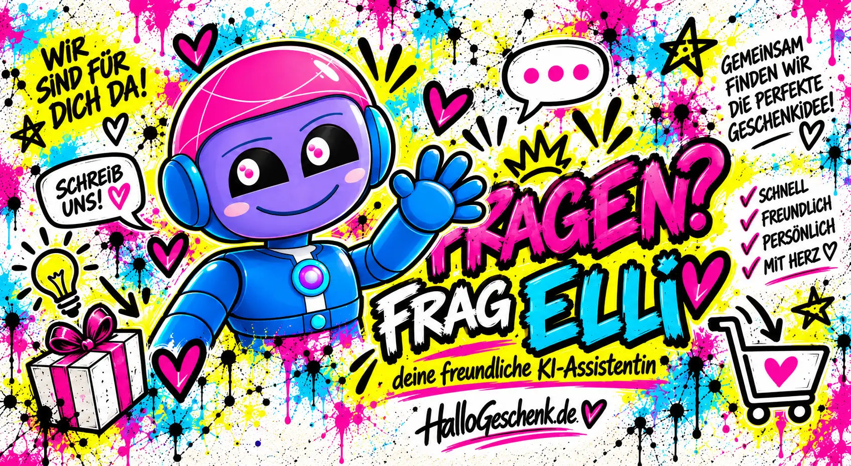 Ein fröhlicher Cartoon-Roboter mit einem pinkfarbenen Helm und einem blauen Körper, der in einer lebendigen Graffiti-Stil-Illustration winkt.