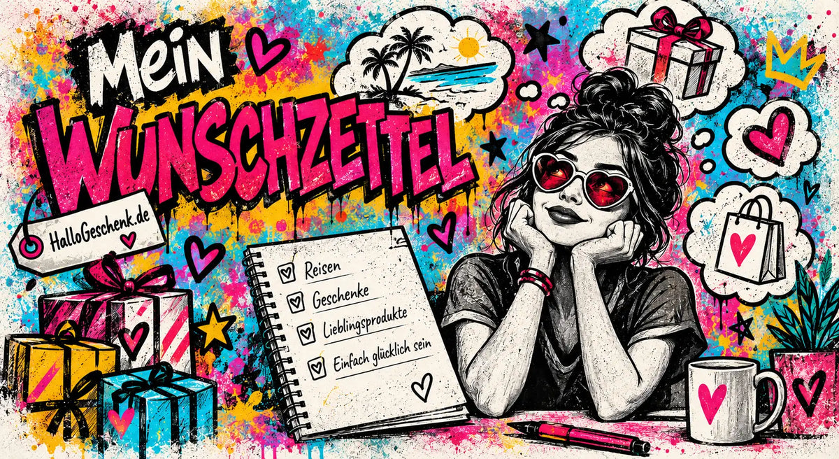 Eine schwarz-weiße illustrierte Frau, die rote herzförmige Sonnenbrillen trägt und ihr Kinn auf ihre Hände stützt, umgeben von bunten Cartoon-Elementen wie Geschenkboxen, einer Einkaufstasche und Gedankenblasen mit Herzen.