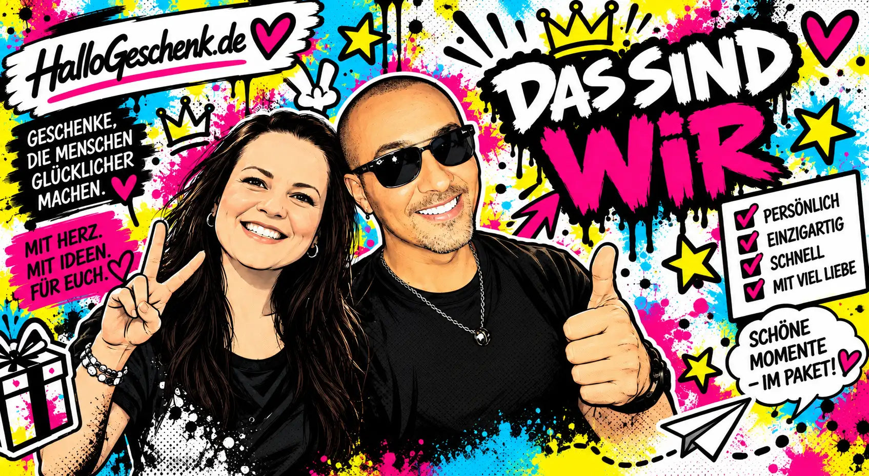 Lebendiges Poster im Graffiti-Stil mit einem lächelnden Paar in schwarzer Kleidung vor einem farbenfrohen, gespritzten Hintergrund mit kräftigem Text und verspielten Grafiken.