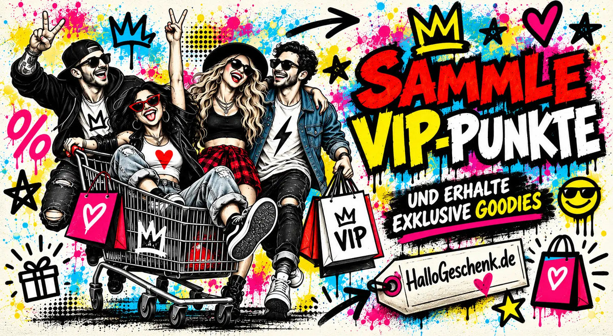 Das lebendige Plakat im Graffiti-Stil zeigt kräftigen roten und schwarzen Text mit einem Kronensymbol über dem Wort „vip“, vor einem farbenfrohen Hintergrund aus Spritzern von Farbe.
