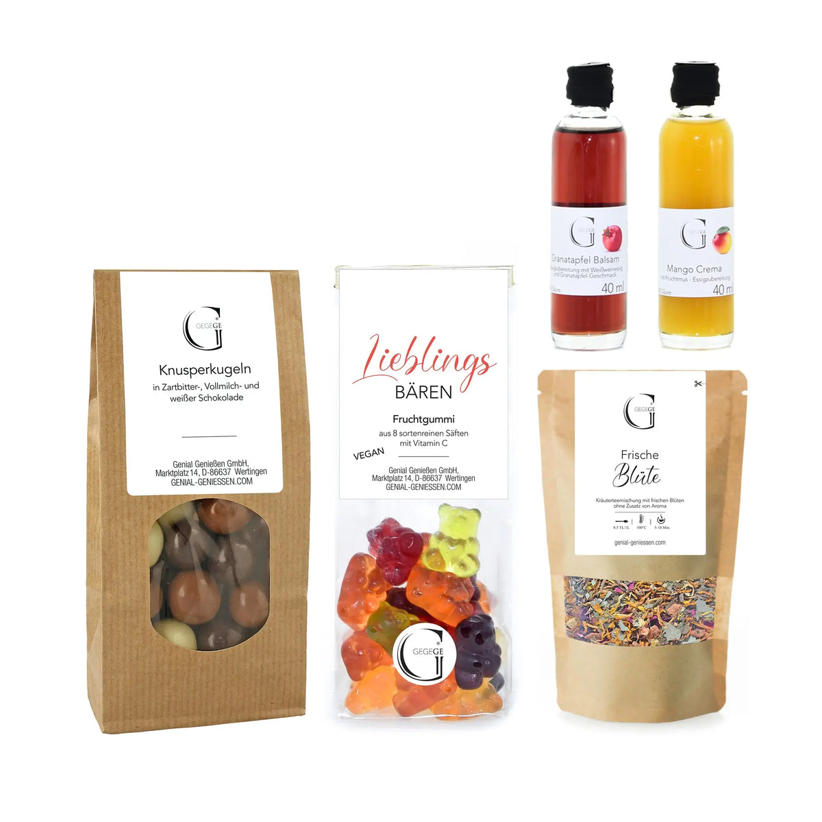 A clear plastic bag of colorful vegan bear-shaped fruit gummies labeled lieblings bären in the hobby-set fahrradspaß präsentkorb
