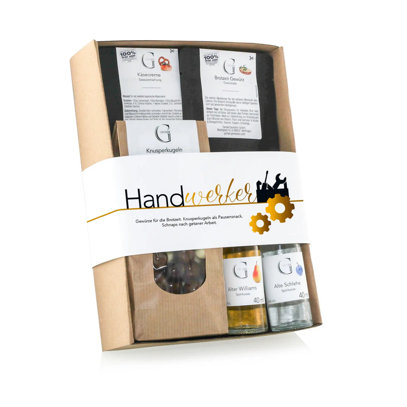 Handcrafted gift box with artisanal german spice blends and two small glass liqueur bottles hobby-set handwerker