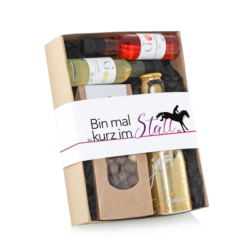 Ein goldfarbener bierkrug mit funkelndem design und dem wort gold im hobby-set reiter präsentkorb