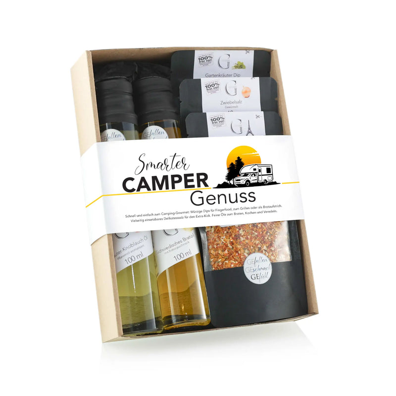 Smarter camper genuss hobby-set mit schwarzen und klaren glasflaschen, getrockneten kräutern und markenverpackung