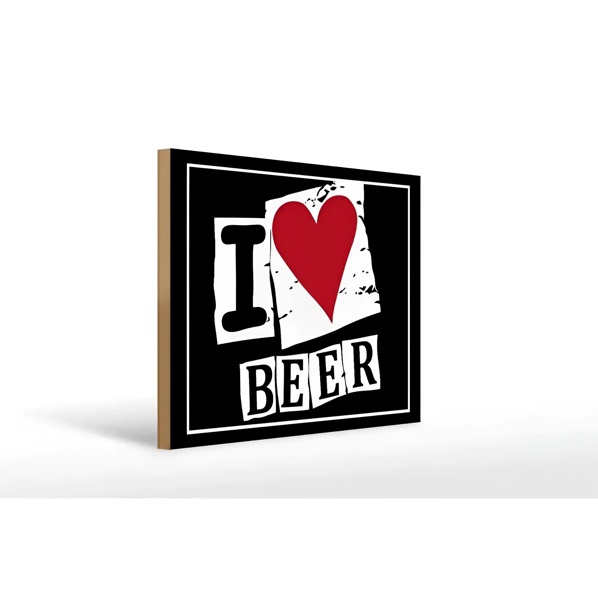Schwarzes holzbild 40x30cm mit i love beer design in weißer vintage schrift und rotem herz auf leinwand