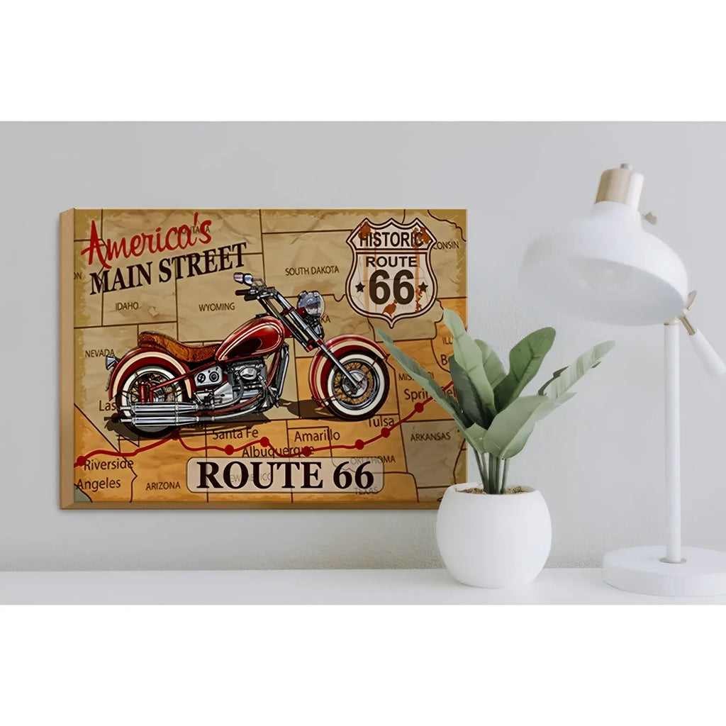 Vintage-style holzschild 40x30cm mit rotem chrommotorrad auf route 66 karte americas main street