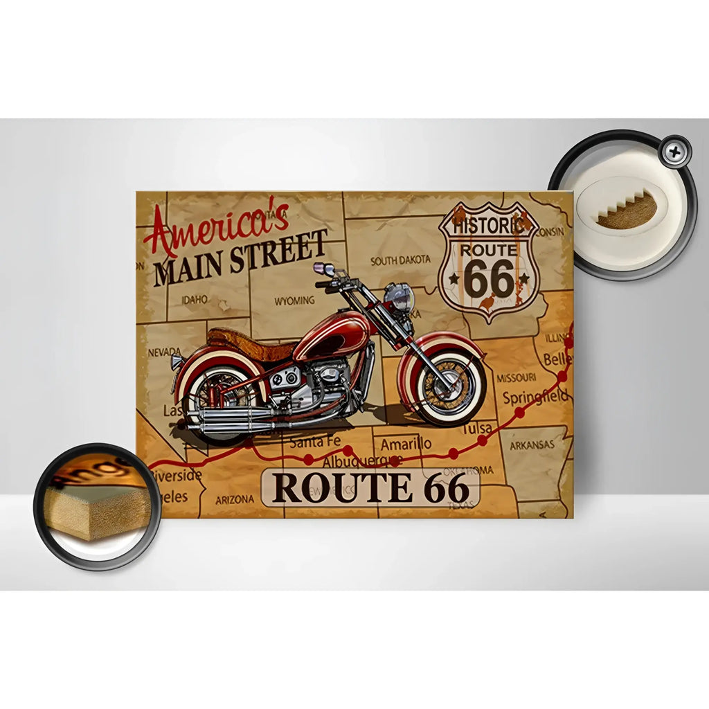 Vintage rotes und chrom motorrad auf rustikalem sepia-ton karte von route 66 auf holzschild 40x30cm