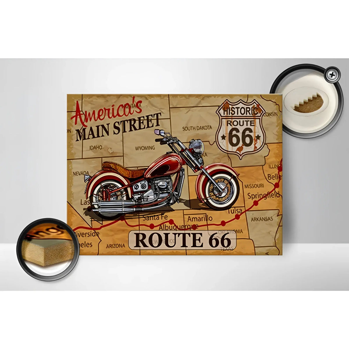 Vintage rotes und chrom motorrad auf rustikalem sepia-ton karte von route 66 auf holzschild 40x30cm