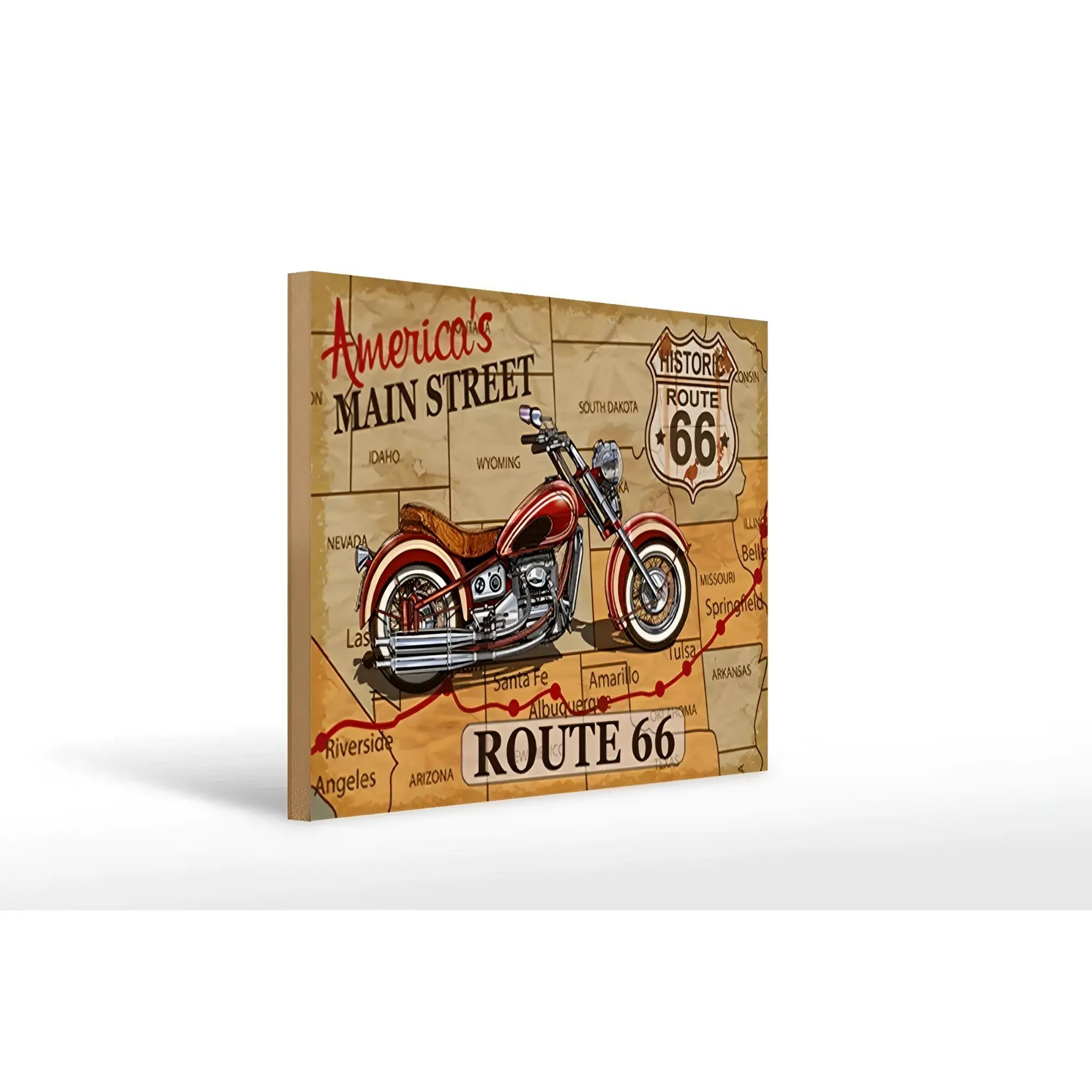 Holzschild mit rotem und chrom vintage motorrad auf rustikalem route 66 karte leinwand 40x30 cm