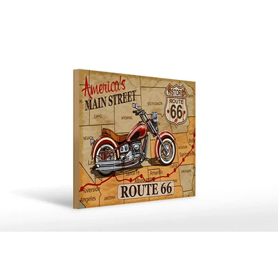 Holzschild mit rotem und chrom vintage motorrad auf rustikalem route 66 karte leinwand 40x30 cm