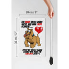 Holzschild 20x30cm mit cartoon braunem hund, rotem herz und deutschem spruch in schwarz und rot für dekor