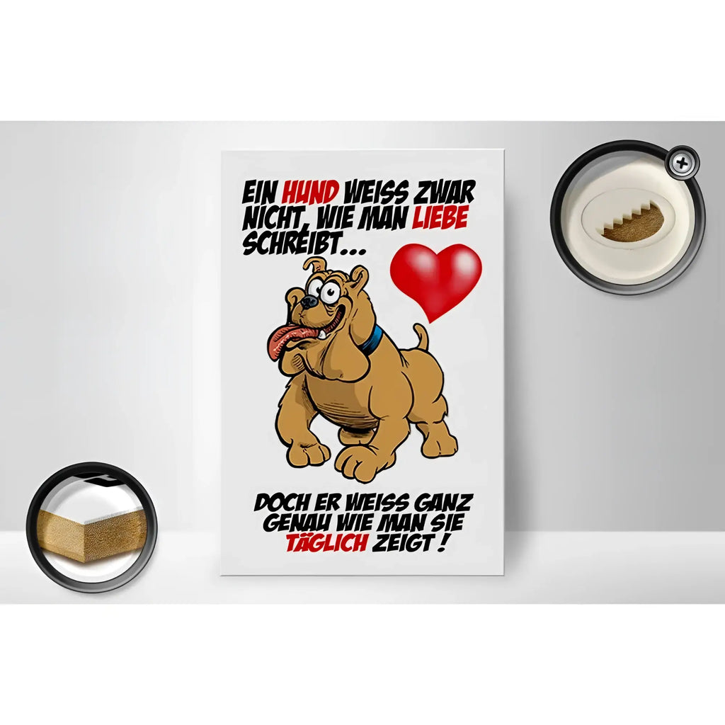 Weißes holzschild 20x30cm mit cartoon braunem hund mit blauem halsband und rotem herz zum liebe zeigen