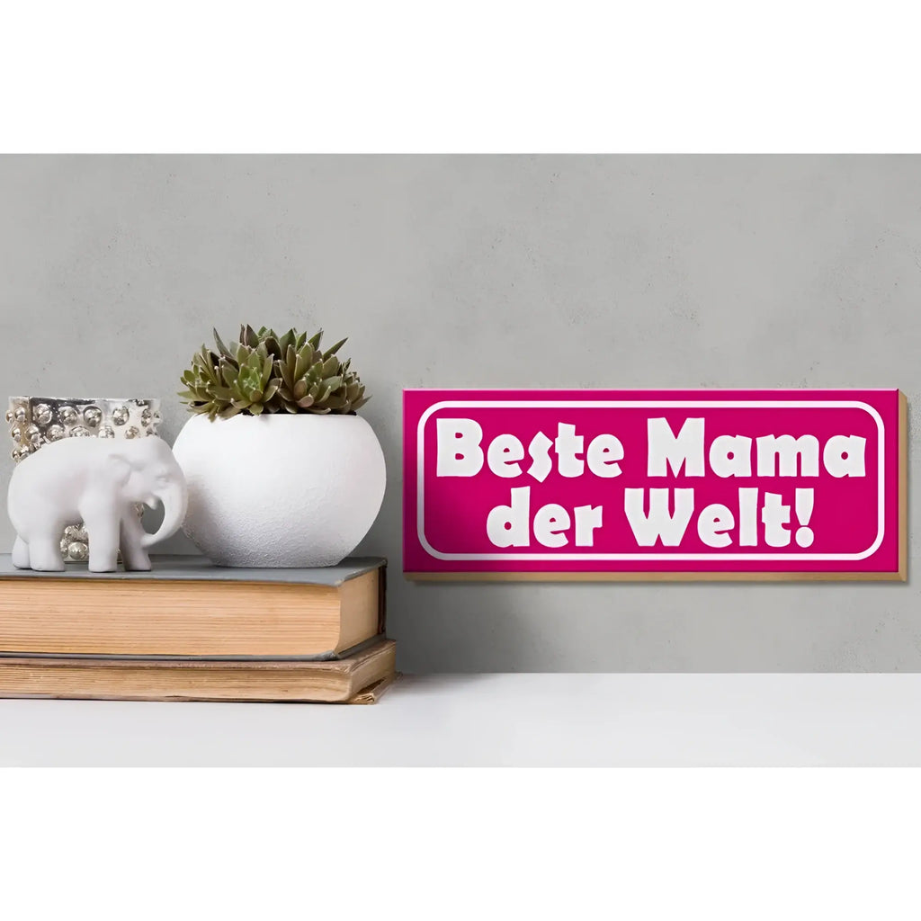 Vibranter pinker holzschild 27x10cm mit weißem text beste mama der welt und dünnem holzrahmen zur deko