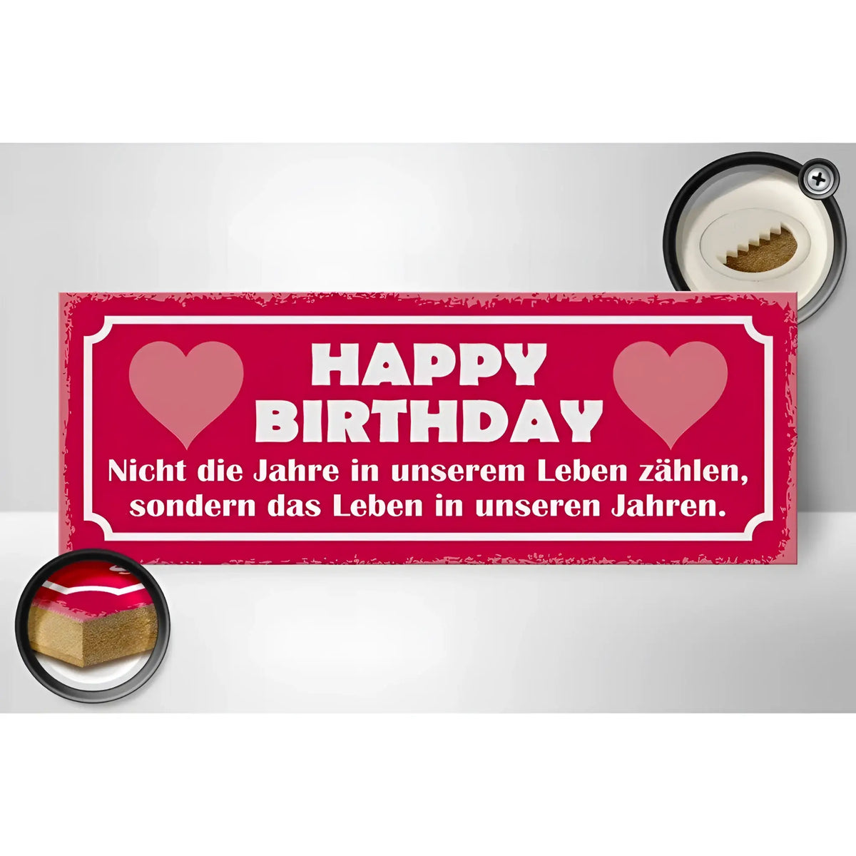 Holzschild spruch 27x10cm rot mit weißem text happy birthday nicht die jahre und pinken herzakzenten