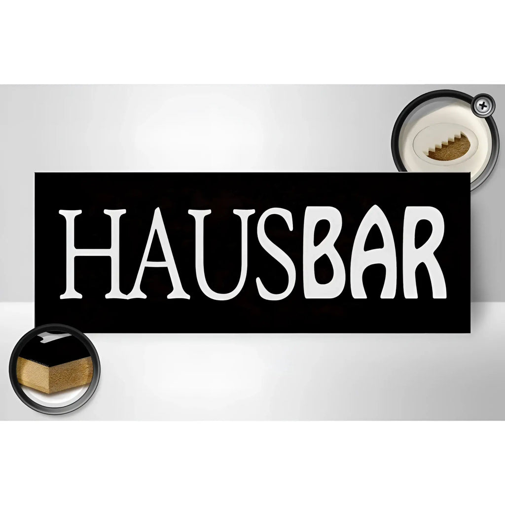 Schwarzes holzschild mit weißer hausbar schrift in bold serif für küche kneipe deko 27x10cm