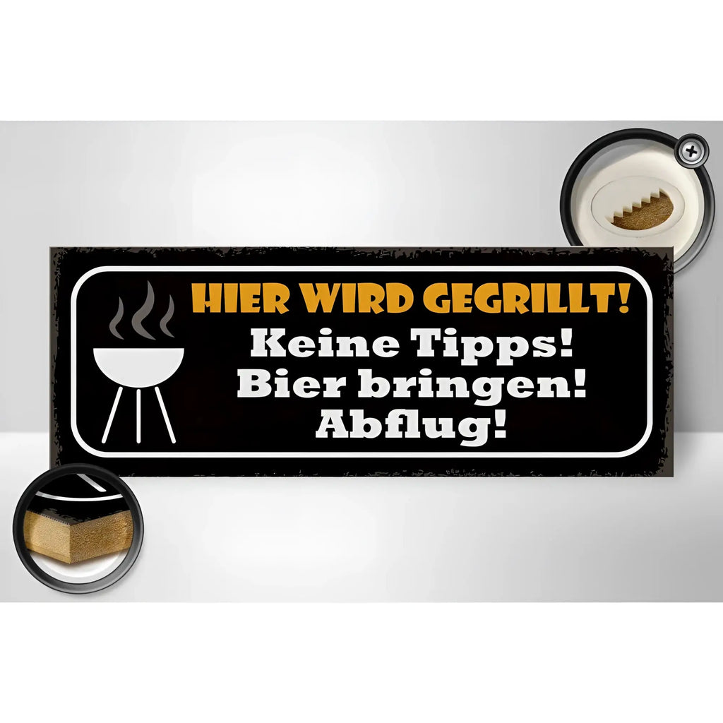 Holzschild 27x10cm schwarz mit weiß orange text hier wird gegrillt bier bringen und weißem grill icon