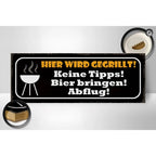 Holzschild 27x10cm schwarz mit weiß orange text hier wird gegrillt bier bringen und weißem grill icon