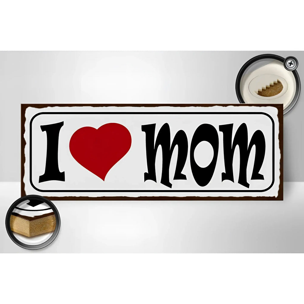 Weißes rechteckiges metallschild mit schwarzer schrift und rotem herz vintage holzschild spruch i love mom mama geschenk deko