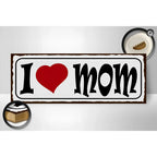 Weißes rechteckiges metallschild mit schwarzer schrift und rotem herz vintage holzschild spruch i love mom mama geschenk deko