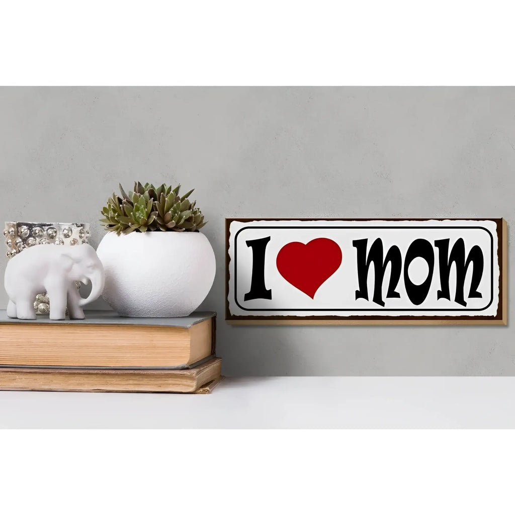 Weißes rechteckiges holzschild 27x10cm mit schwarzer schrift und rotem herz ich liebe mom als mama geschenk deko