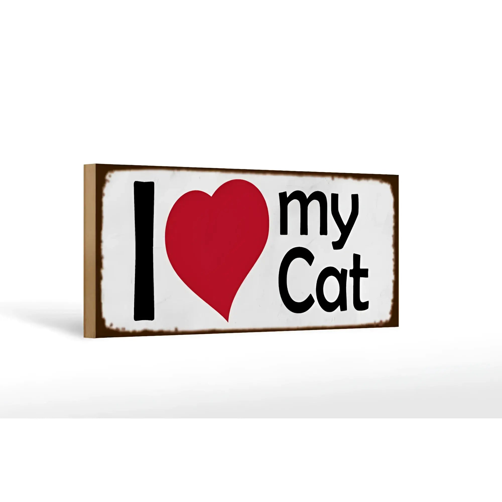 Weißes holzschild 27x10cm mit braunem rahmen und schwarzer schrift i herz mein katze deko