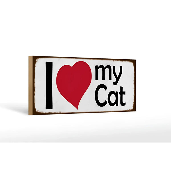 Weißes holzschild 27x10cm mit braunem rahmen und schwarzer schrift i herz mein katze deko