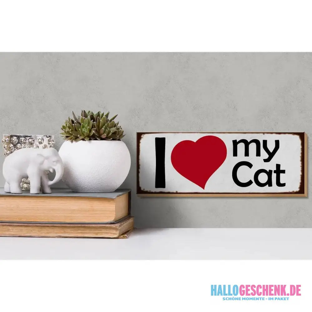 Holzschild Spruch 27x10cm I love my Cat Herz Katze Deko