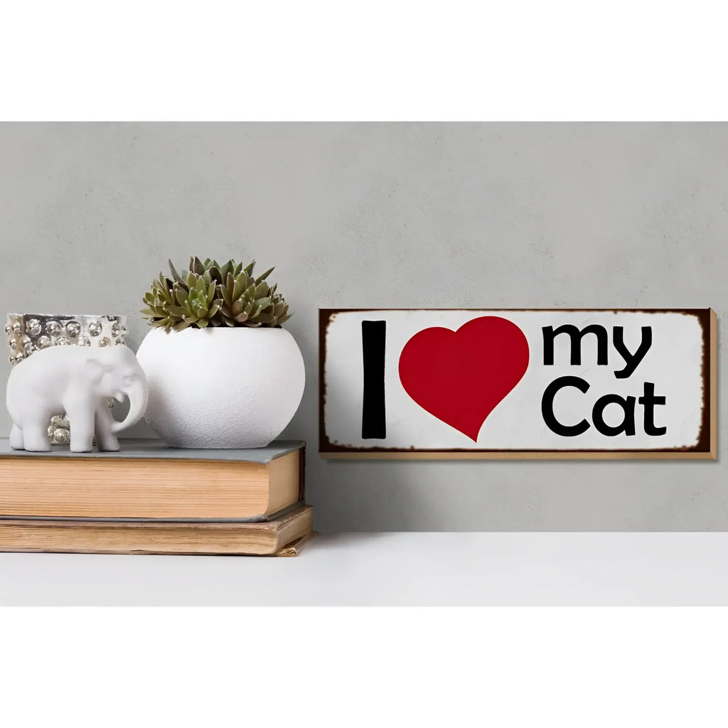 Weißes rechteckiges metallschild mit schwarzer schrift und rotem herz i love my cat holzschild spruch 27x10cm