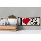 Weißes rechteckiges metallschild mit schwarzer schrift und rotem herz i love my cat holzschild spruch 27x10cm