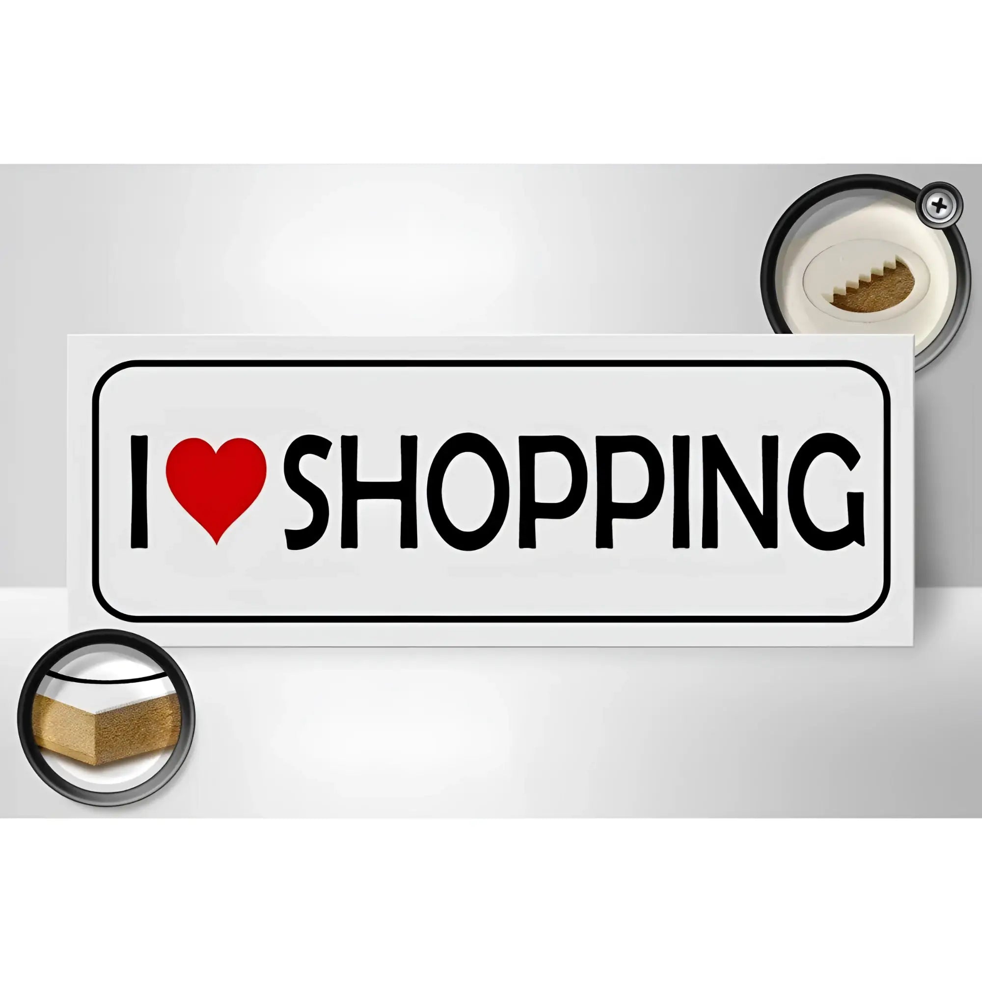 Weißes holzschild spruch 27x10cm mit schwarzem rahmen und ich liebe shopping text mit rotem herz symbol
