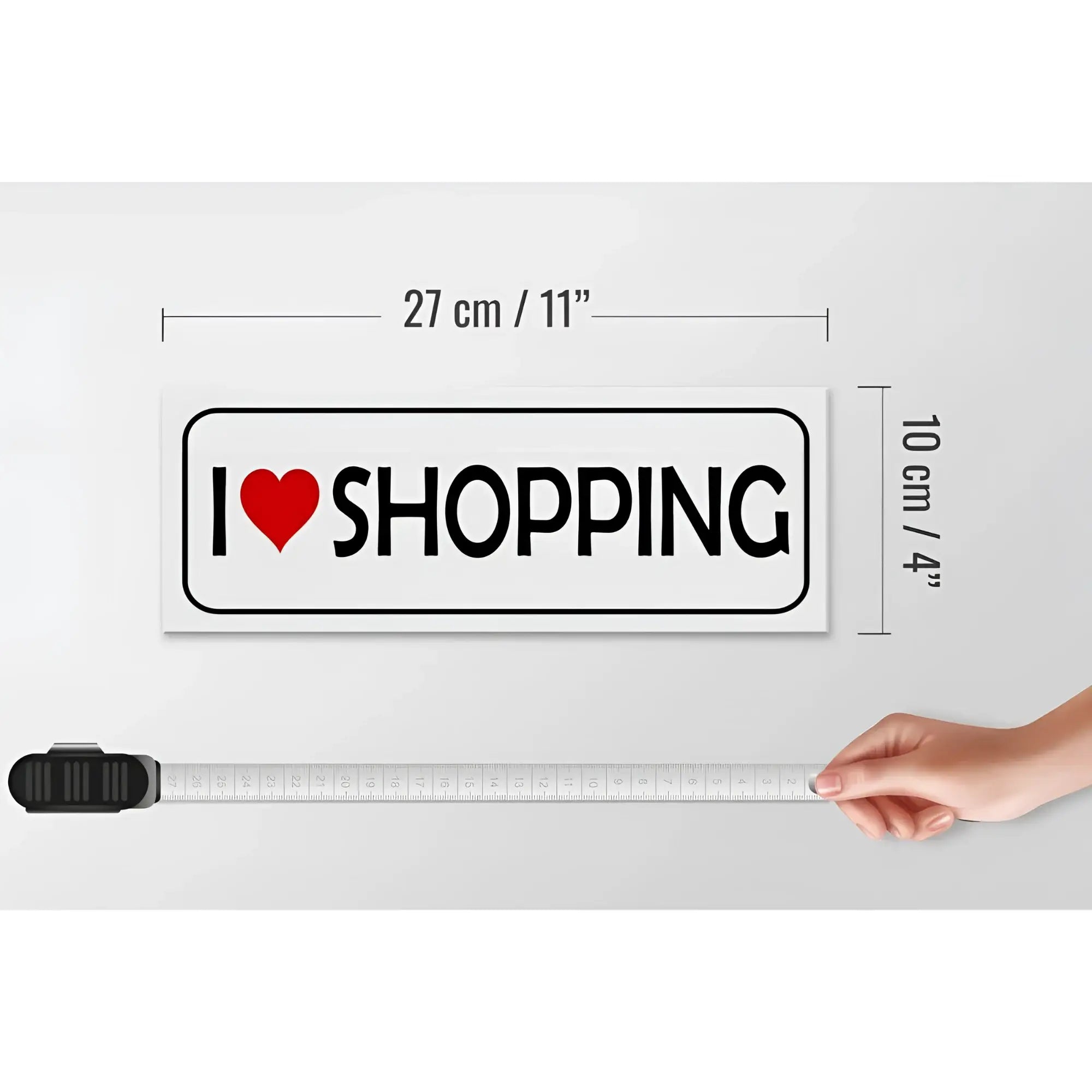 Weißes rechteckiges holzschild 27x10cm mit schwarzem rand und i liebe shoppen schriftzug für dekoration