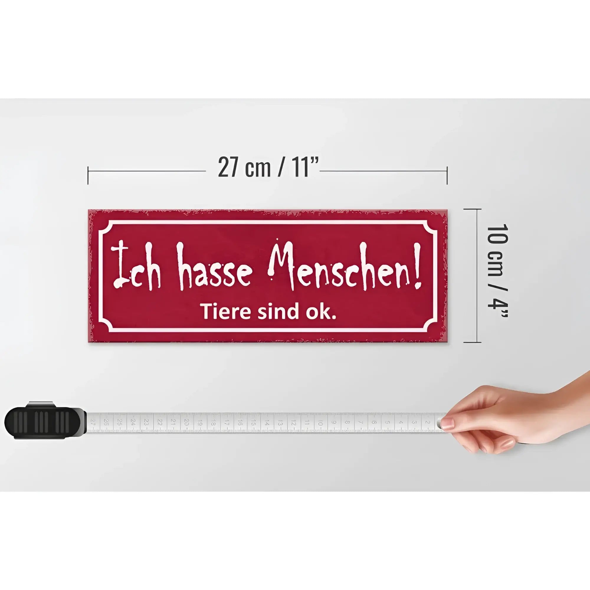 Holzschild spruch 27x10cm rot mit weißem kursivtext ich hasse menschen tiere sind ok im vintage style