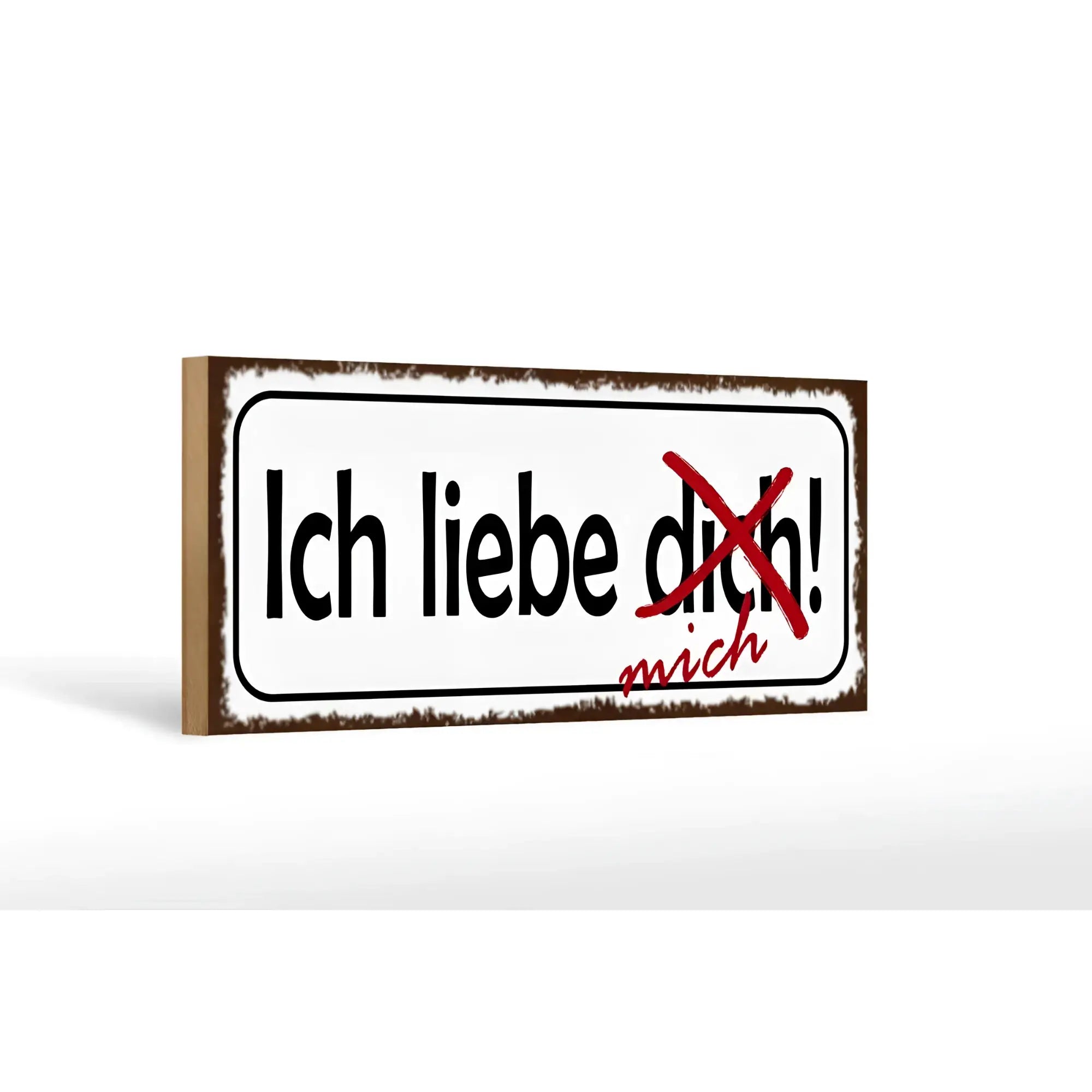 Weißes rechteckiges holzschild 27x10 cm mit distressed braunem rand und text ich liebe dich mich in dekorativem schriftzug