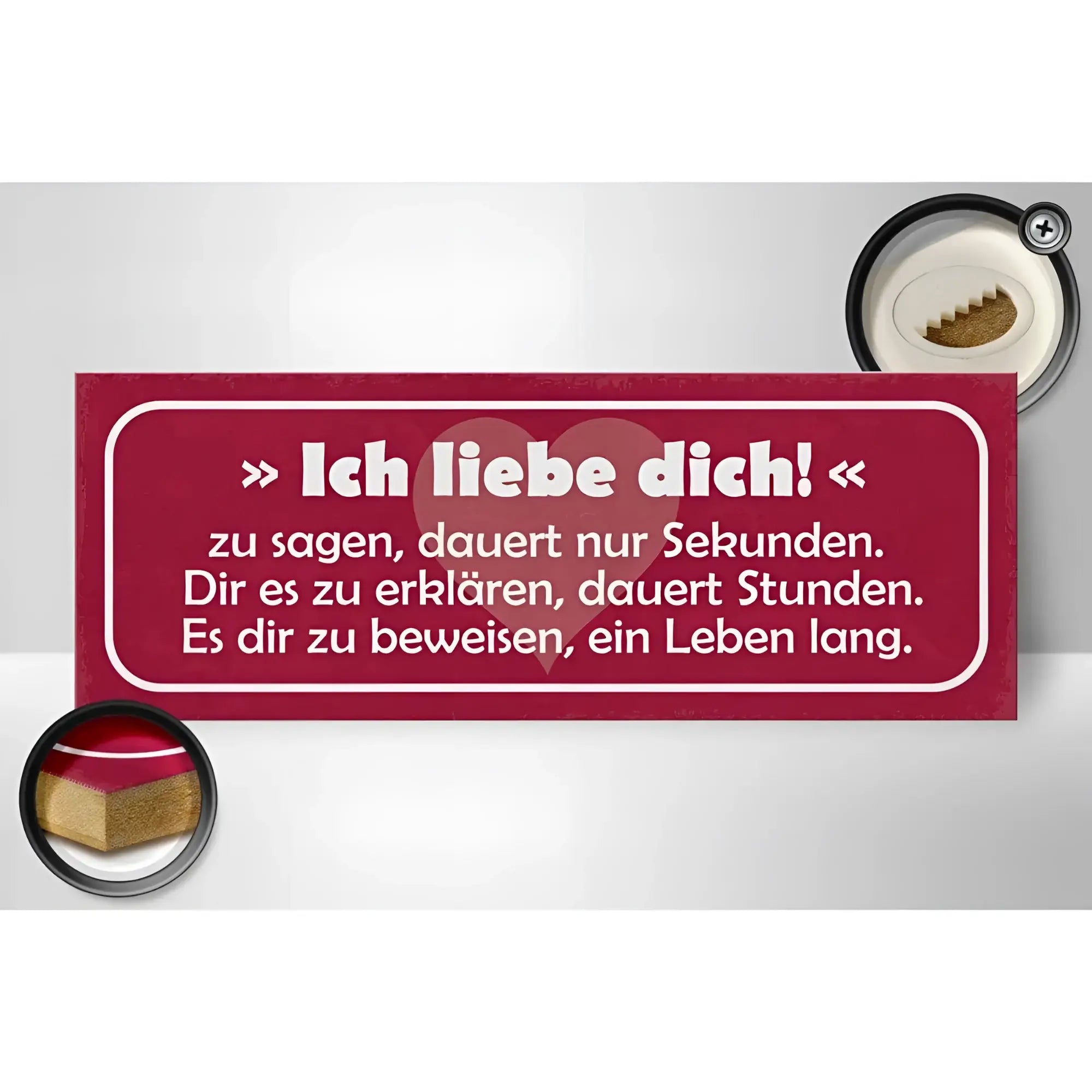 Rotes holzschild 27x10 cm mit weißem rahmen und ich liebe dich schrift plus herz-ausschnitten