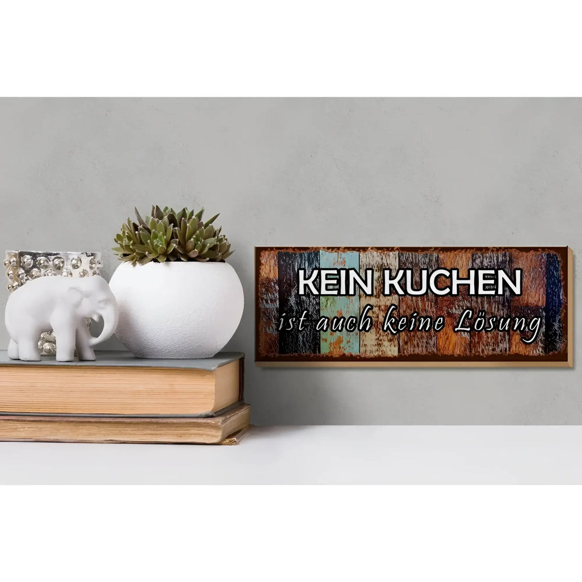 Rustikales holzschild 27x10cm mit distressed paint und spruch kein kuchen ist auch keine lösung in weißen buchstaben