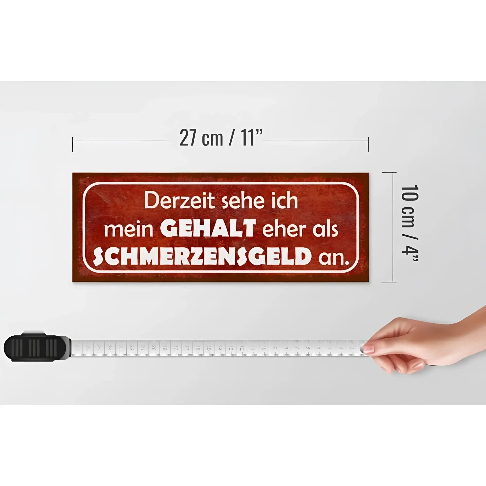 Rechteckiges rotes metallschild mit weißem Text derzeit sehe ich mein gehalt eher als schmerzensgeld an 27x10cm