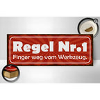 Holzschild spruch 27x10cm rotes metallschild mit weißem text regel 1 finger weg vom werkzeug vintage look