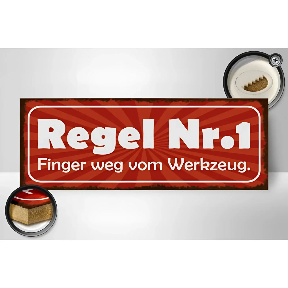 Holzschild spruch 27x10cm rotes metallschild mit weißem text regel 1 finger weg vom werkzeug vintage look