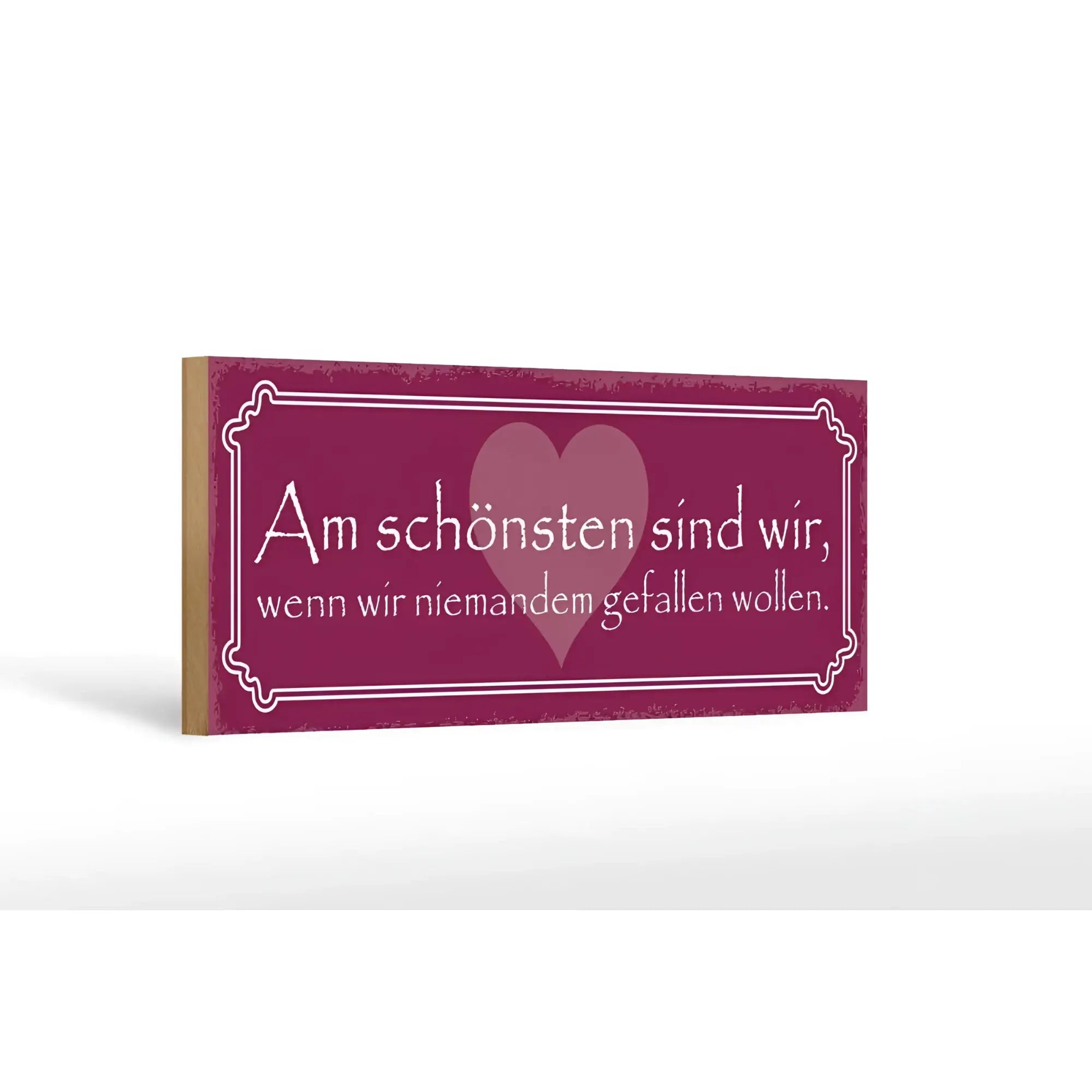 Rechteckiges holzschild 27x10cm mit maronfarbener used optik weißer kalligraphie und herzornament