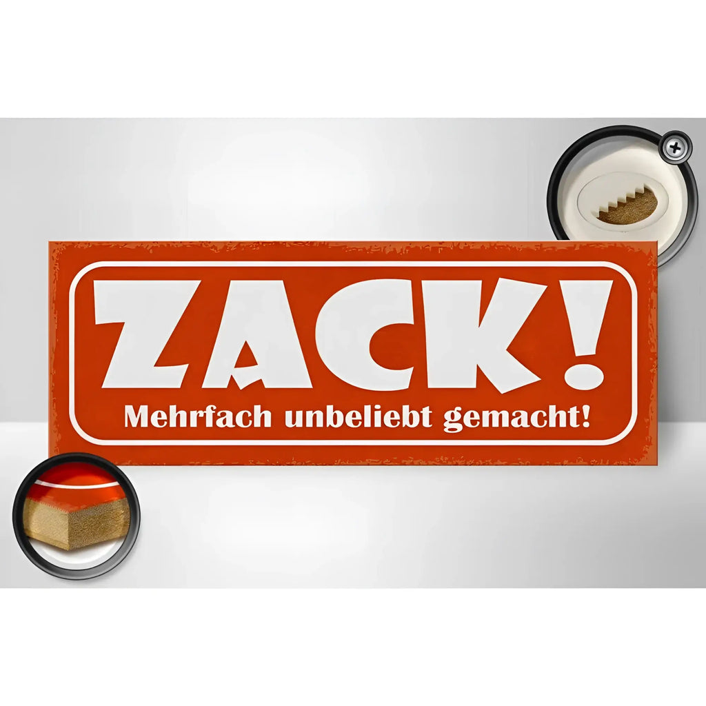 Oranges rechteckiges holzschild aus metall mit weißem zack text und kleinem deutschem spruch darunter 27x10cm