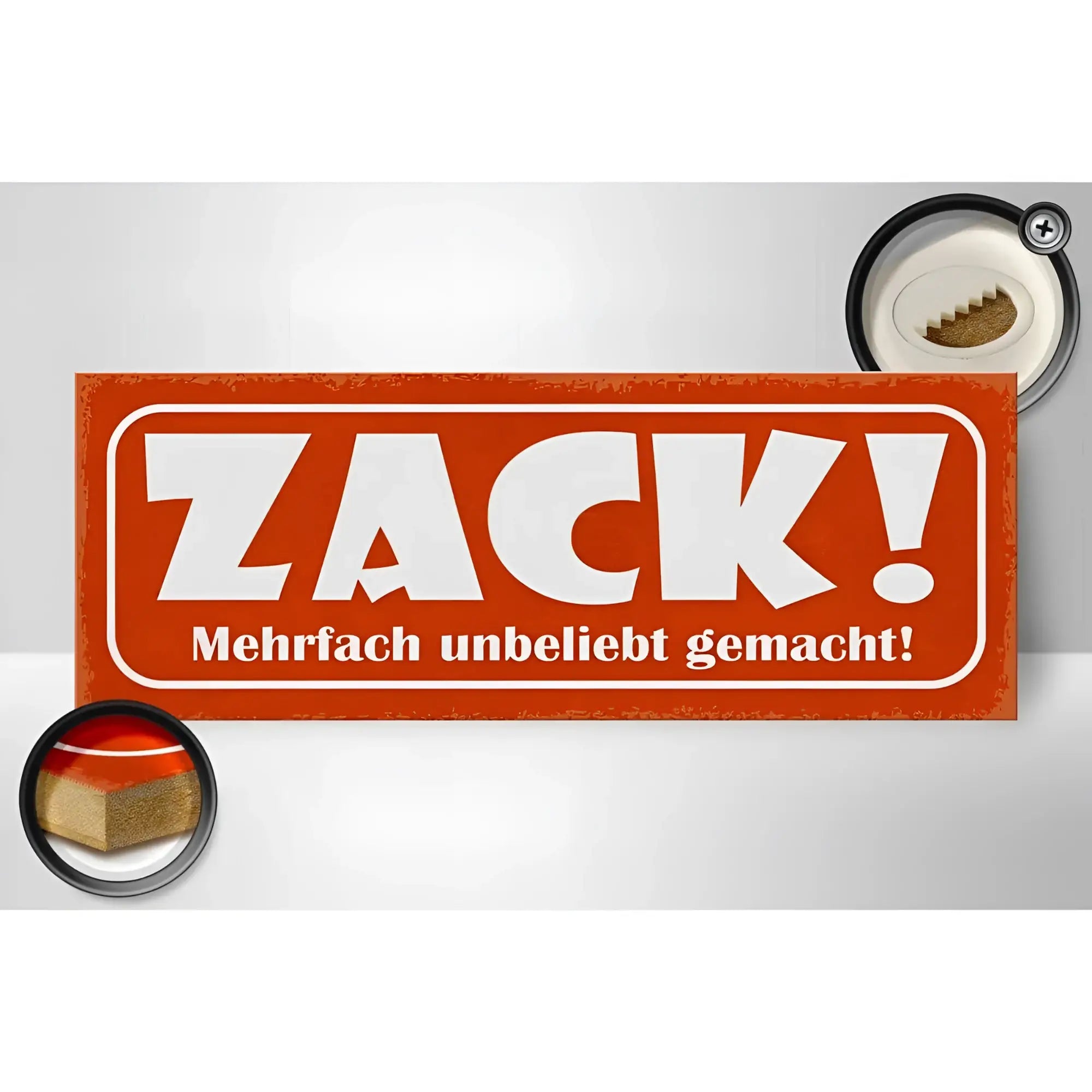 Oranges rechteckiges holzschild aus metall mit weißem zack text und kleinem deutschem spruch darunter 27x10cm